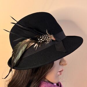 Vintage Chapelier Artistique Montreal Black Felt Cloche Hat with Feather Trim